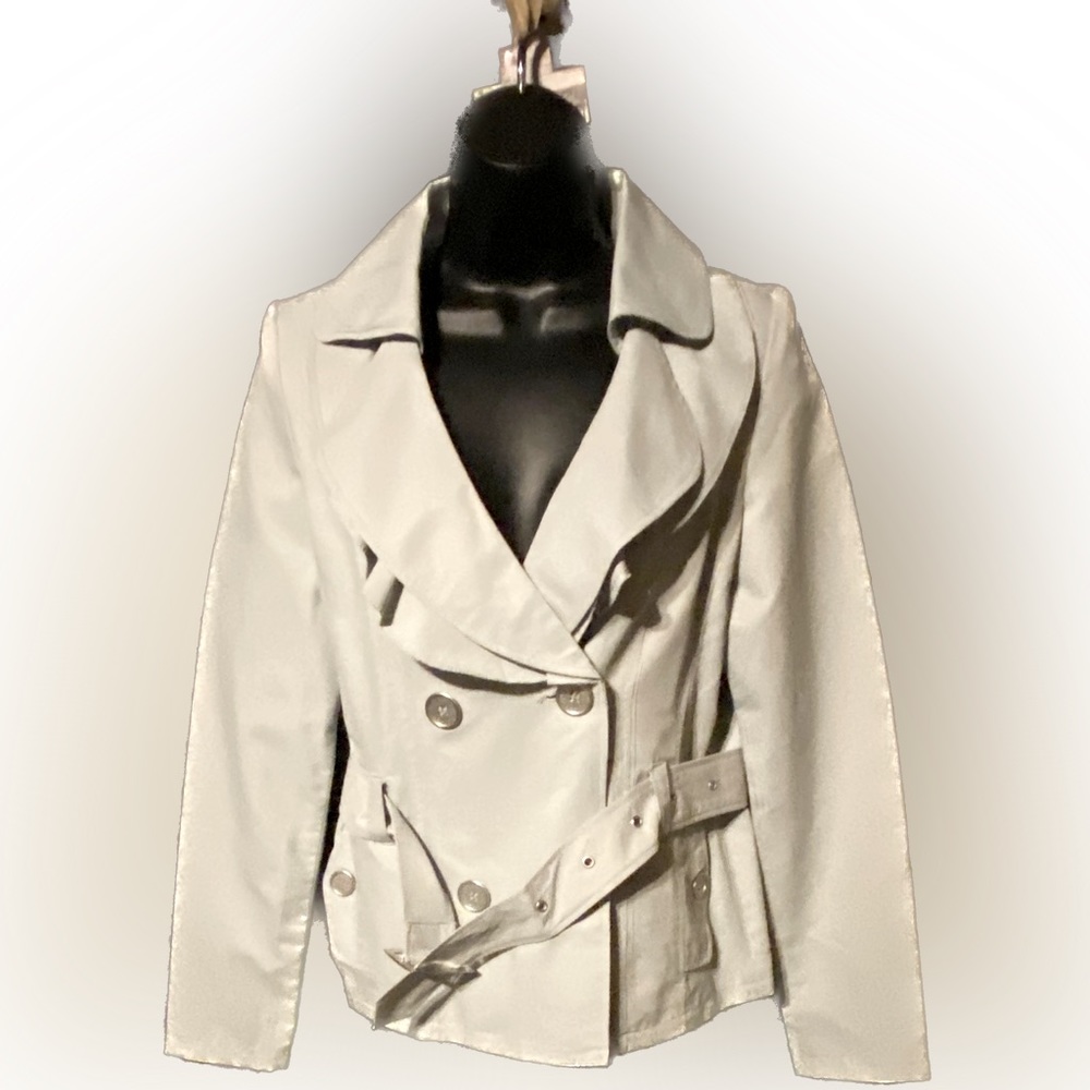 OU JOU Light Gray Light Cropped Belted Ruffled Collar Pea Coat.